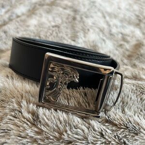 Verse collection Black Leather Belt with Silver-tone Buckle